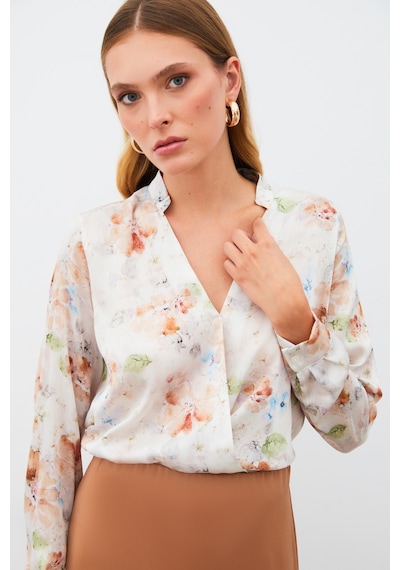 Sateen Desenli Kruvaze Bluz - Vizon-135216 Vizon Sateen Desenli Kruvaze Bluz - Vizon-135216 Vizon