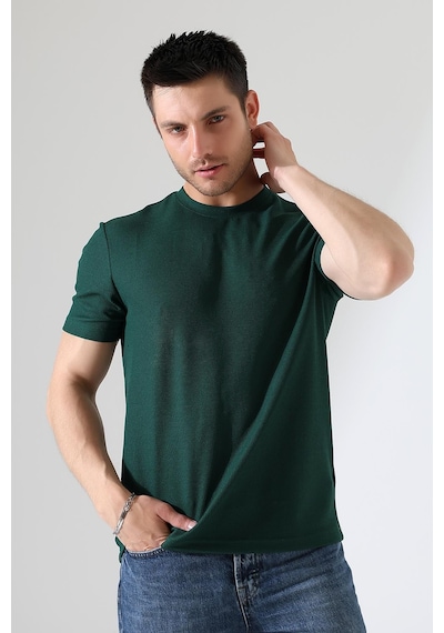 Erkek Fitilli Slim Fit Bisiklet Yaka Düz Renk T-shirt Yeşil