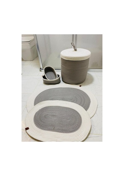 Jüt,hasır,5 Lı,banyo Paspas Takımı,bohem Tarzı Banyo Takımı,iskandinav Paspas/sepet35x40 Gri Krem Gri Krem