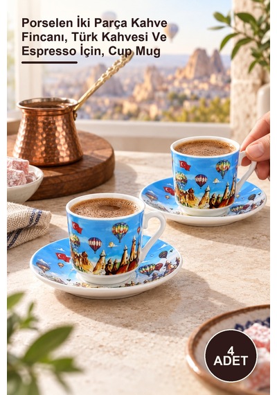 4 Adet Yöresel İkili Fincan Seti Porselen İki Parça Kahve Fincanı, Türk Kahvesi Ve Espresso İçin, Cup Mug Diğer