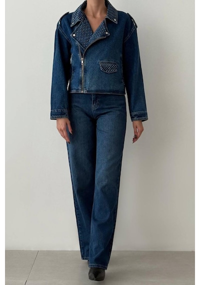 Lacarino 7757 Taşlı Kadın Jean Ceket Blue