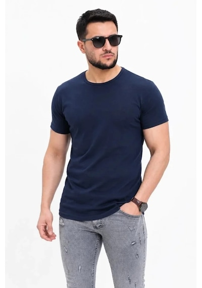 Suma Lacivert Erkek Bisiklet Yaka Kısa Kol Slim Fit Basic Tişört