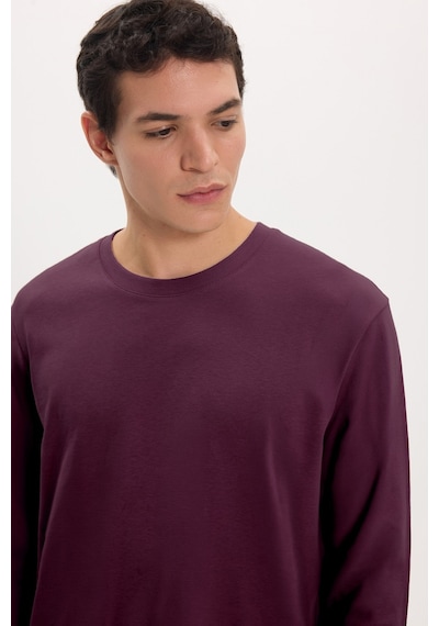 Tudors Unisex Relax Fit Rahat Kesim %100 Pamuk Uzun Kollu Bisiklet Yaka Bordo Basic Tişört-51285
