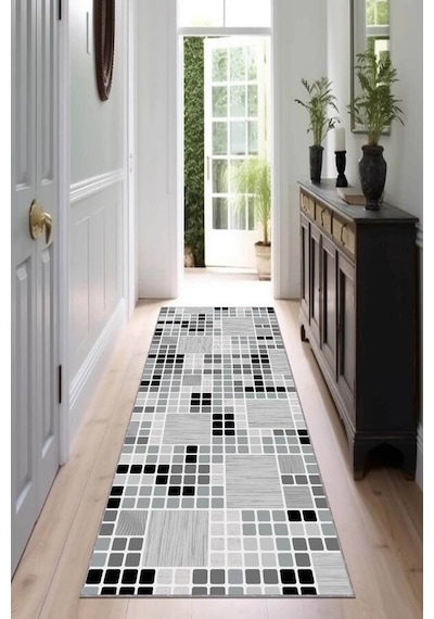 Gri Kaymaz Makinede Yıkanabilir Kareli Kesme Yolluk Vh002n11