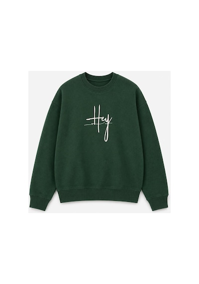Herkesemoda Hey Yazı Baskı Detaylı Şardonlu 2 İplik Bisiklet Yaka Sweatshirt Yeşil