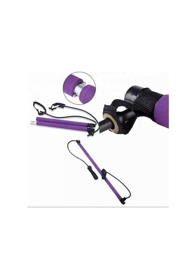 Leyaton Portable Pilates Studio Jimnastik Çubuğu, 90 Cm, 2 Direnç Lastiği, Mor Çok Renkli