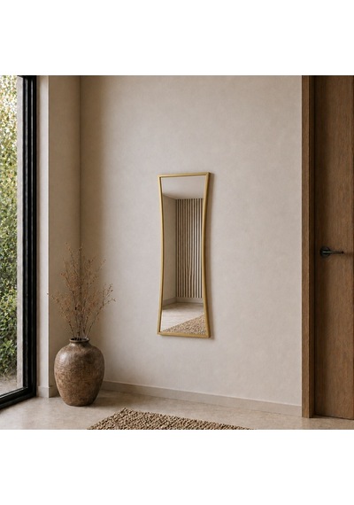 Modern Çerçeveli Boy Aynası 40x120 Cm Kavisli Minimalist Dekoratif Duvar Aynası Altın
