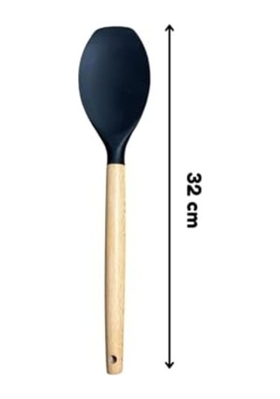 Ahşap Saplı Silikon Mutfak Servis Ve Yemek Hazırlama Düz Spatula, Siyah, 1 Adet 0