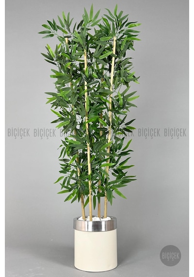 Yapay Bambu Ağacı 140cm Krem Gümüş Metal Saksıda Krem-silver