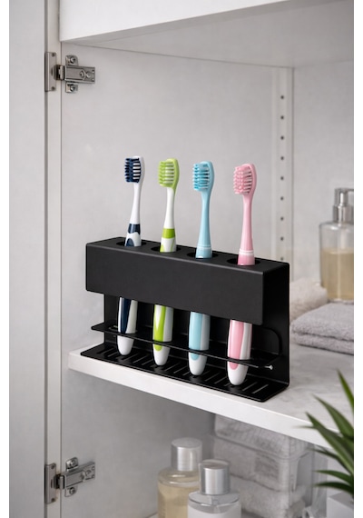 Metal Diş Fırçalık Siyah 4 Bölmeli Duvara Monte Diş Fırçası Tutucu Banyo Organizer
