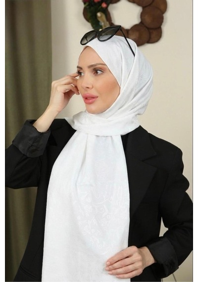 Flora Tekstil Çiçekli Desen İnce Medine İpeği Jakar Şal Beyaz