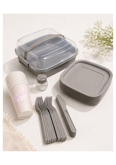Titiz Lovely 32 Parça 6 Kişilik Piknik Seti Bpa Free Kapaklı Taşınabilir Piknik Sepeti Gri