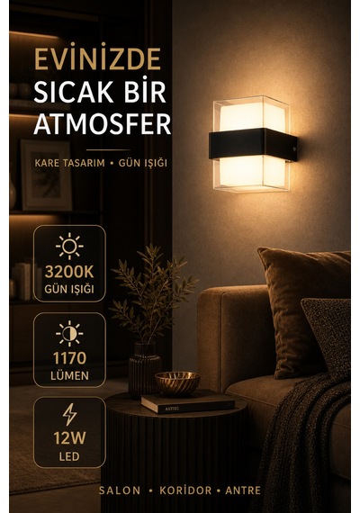 Astec Elektrikli Elit 12w Kare Led Duvar Aplik Suya Toza Dayanıklı 3200k Gün Işığı İç Dış Mekan Balkon Bahçe