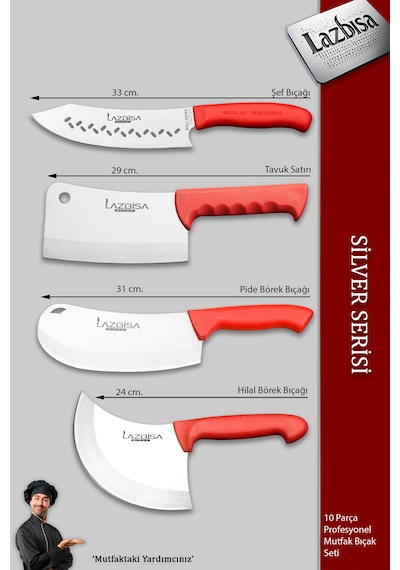Silver Pro Seri Mutfak Bıçak Seti 10 Parça Et Börek Şef Bıçağı Kırmızı
