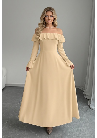 Defymoda Kadın Modern Kesim Fırfır Detaylı Elbise Bej
