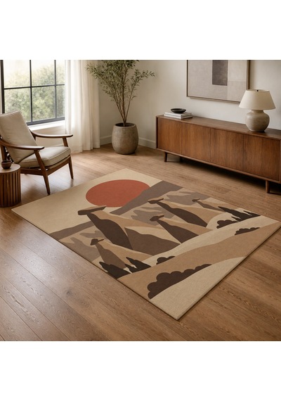 Kartela Halı Kapadokya Peri Bacası Desenli Halı Bej Kaymaz Taban Makinede Yıkanabilir 100x150 Cm