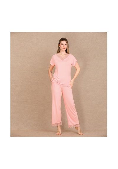 Red Womans Viskon Şık Tasarım Dantel İşlemeli Açık Pembe Kısa Kol Pijama Tak