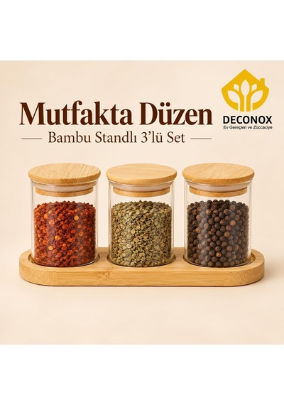 Bambu Standlı Yuvarlak 3 Lü Cam Baharatlık Seti, 3 X 190 Ml, Bambu Kapaklı Baharat Kavanozları, Üç Yuvalı Tezgah Üstü Düzenleyici Çok Renkli