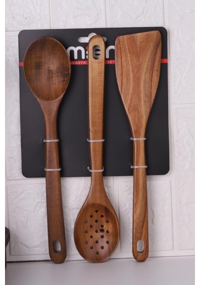 Atby Akasya Ahşap 3'lü Mutfak Kaşık Seti Delikli Kaşık Karıştırma Kaşığı Ve Spatula