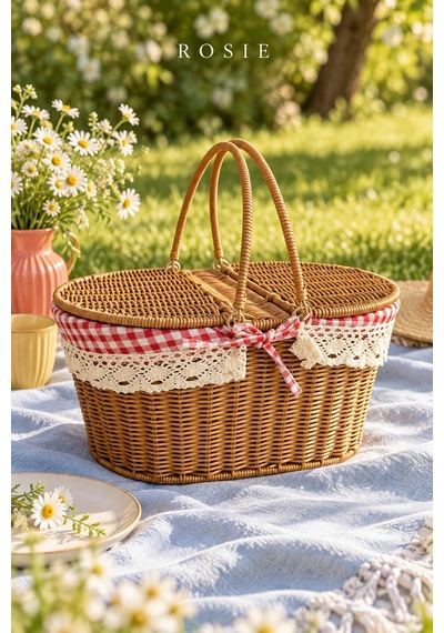 Rosıe Pötikare Desen Kumaş 2 Kapaklı Oval Piknik Sepeti 40 Cm Karışık