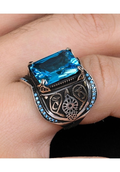 925 Ayar Gümüş Erkek Yüzüğü Aquamarine Aqua Marin Taşlı Turkuaz Taş Süslemeli 800936