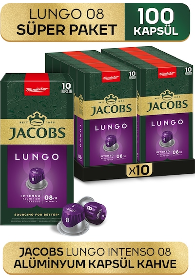 Jacobs Lungo 8 Intenso Nespresso Uyumlu Alüminyum Kapsül Kahve 10 Adet X 10 Paket Kapsül Kahve