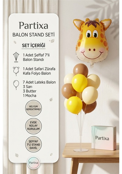 Safari Zürafa Kafa Balon Stand Seti Şeffaf 7 Li Stand + Safari Zürafa Folyo Balon + 7 Lateks Balon