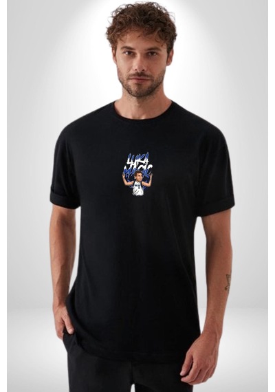 Luka Luka Doncic Basketboll Dallas Siyah Oversize Unisex Ön Orta Minimal Baskılı Tişört Siyah