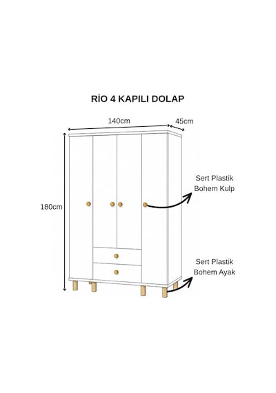 Rio 4 Kapılı 2 Çekmeceli Gardrop Meşe - Beyaz