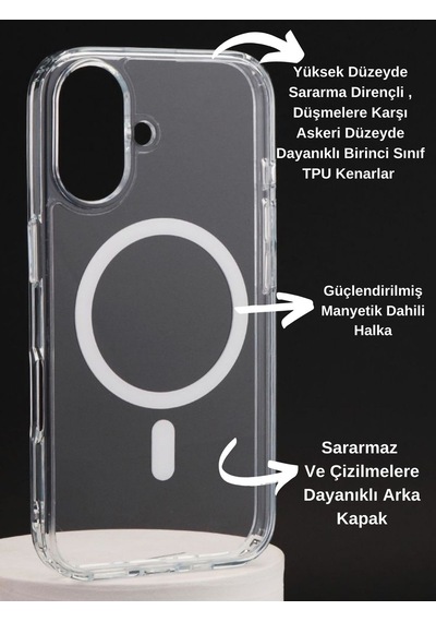 Apple Uyumlu iPhone 16 Şeffaf Kılıf Magsafe Özellikli Hybrid Kristal Kapak Şeffaf