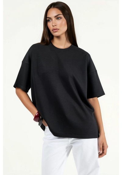 Hiccup Oversize Bisiklet Yaka Modal Touch Örme Tişört Siyah