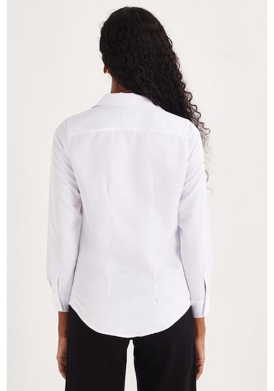 Tudors Kadın Slim Fit Dar Kesim Vucüda Oturan Uzun Kollu Beyaz Basic Gömlek-35322 Beyaz