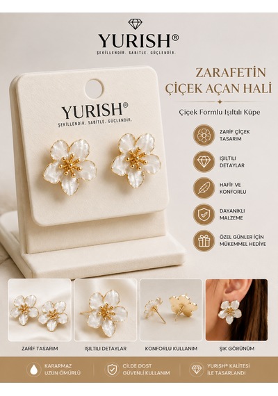 Kadın Sedefli Çiçek Figürlü Mineli Model 2'li Küpe Ekru