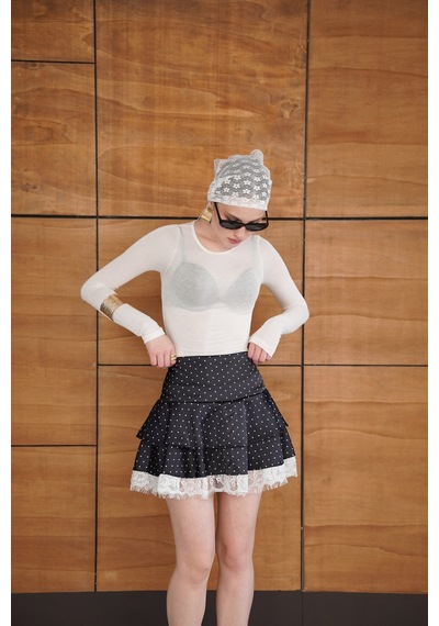Verymoda Puantiyeli Dantel Detaylı Saten Etek D2962 Siyah