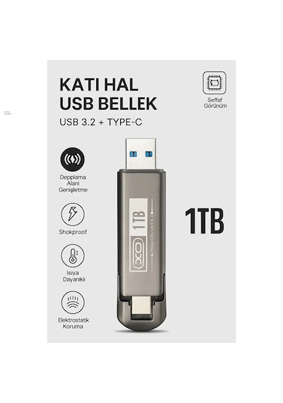 1tb Usb 3.2 + Type-c Çift Girişli Taşınabilir Flash Bellek Yüksek Hızlı, Dayanıklı Ve Şok Korumalı Gri