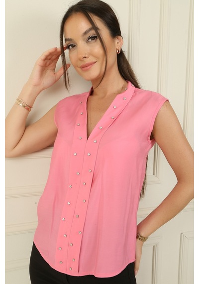 By Saygı V Yaka Taş Detaylı Bluz Pembe