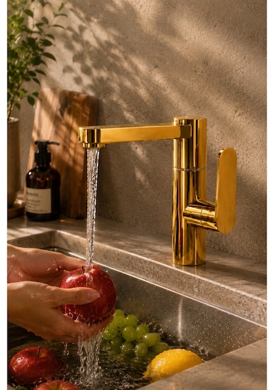 Lüx Premium Gold Silva 360 Oynar Borulu Lavabo Bataryası Özel Seri Modern Batarya Altın