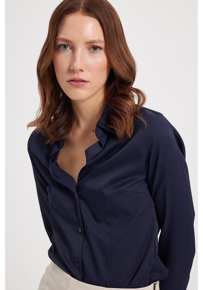Tudors Kadın Slim Fit Dar Kesim Klasik Yaka Uzun Kollu Lacivert Gömlek-40356 Lacıvert