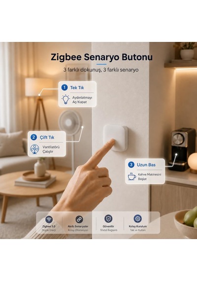 Zigbee Tekli Senaryo Düğmesi Tuya, Smart Life, Zigbee2mqtt Uyumlu - Pil Hariç Standart