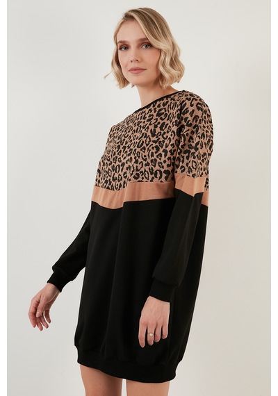 Lela Leopar Desenli Renk Bloklu Oversize Bisiklet Yaka Bayan Tunik 5863604 Siyah