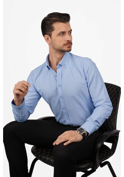 Koyu Mavi Yaka Düğmeli Premium Şamre Slimfit Erkek Gömlek Koyu Mavi