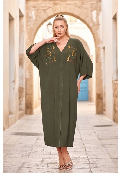 Veraura Lifestyle Haki V Yaka Önü Nota Nakışlı Cepli Oversize Uzun Gömlek Elbise