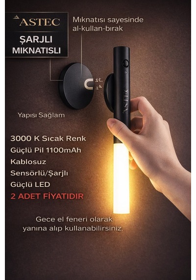 Astec Siyah 2 Adet Mıknatıslı Dekoratif Hareket Sensörlü Gece Lambası/el Feneri Şarjlı Gün Işığı Kahverengi