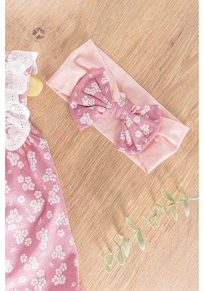 Babymod Çiçek Desenli Bandanalı 3'lü Kız Bebek Elbiseli Takım 001