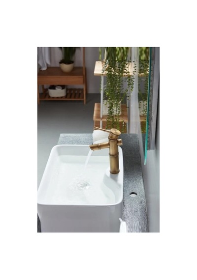 Rena Design Bambu Model Rustik Antik Lavabo Bataryası Banyo Musluğu Eskitme Lavabo Armatür Otantik Bakır Görünüm