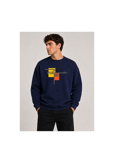 Herkesemoda Future Baskılı Bisiklet Yaka Şardonlu 2 İplik Sweatshirt Lacivert