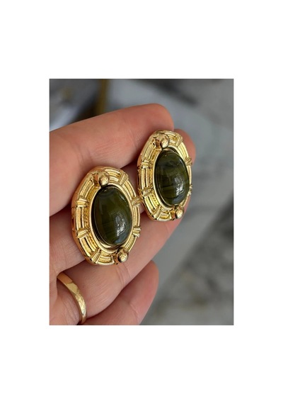Vintage Model Gold Çerçeveli Haki Küpe Altın