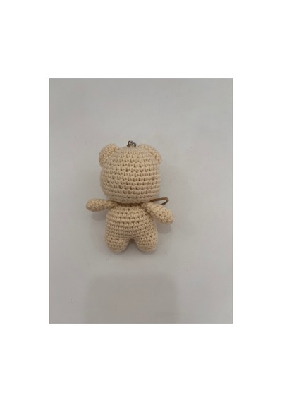 El Yapımı Amigurumi Ayıcık Anahtarlık - Örgü Figür, Jüt Fiyonklu 9-10 Cm Krem Krem