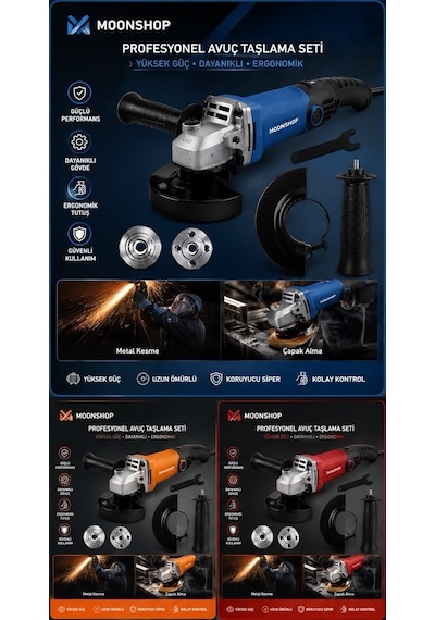 Moonshop 2800W Devir Ayarlı Avuç Içi Spiral Taşlama Makinesi 115-125 MM + 2 Adet Inox Disk