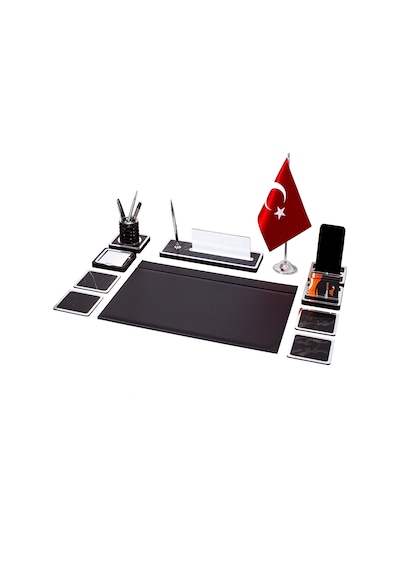 11 Parça Türk Bayraklı Mermer Desen Ahşap Sümen Takımı Masa İsimliği Deri Sümen Seti - Gümüş